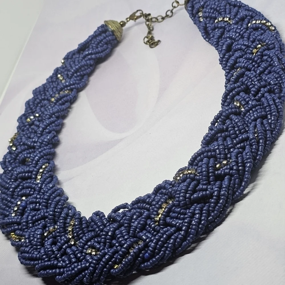 👍5 For $20 Thick Braided Multi-Strand Blue Seed Bead Necklace w/Rhinestones